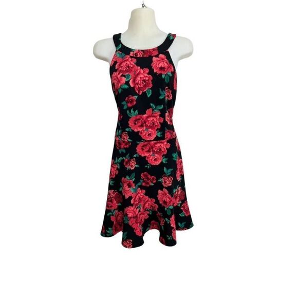 BCX Juniors Black Floral Dress Size 13 Fit & Flare Ruffle Hem Halter Party Vibe - Picture 5 of 10